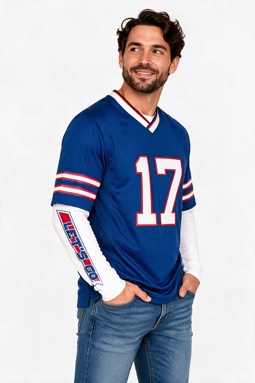 Let's Go Buffalo long sleeve shirt worn under a football jersey, BUFFALO! sleeve print