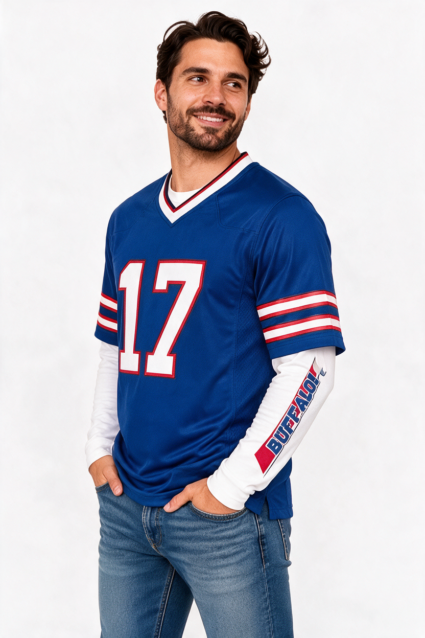 Let's Go Buffalo long sleeve shirt worn under a football jersey, LET'S GO sleeve print